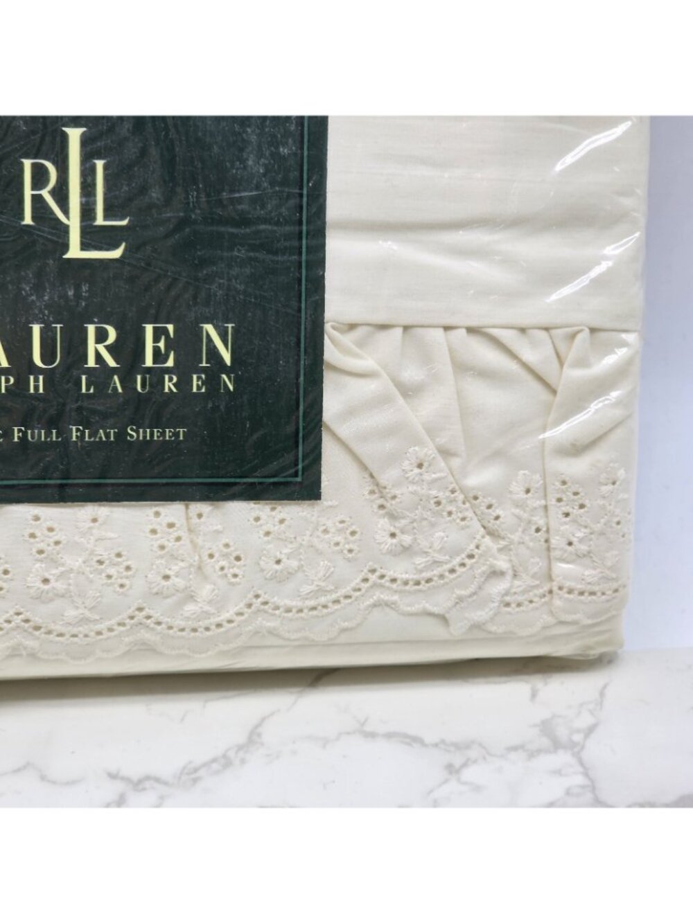 Ralph Lauren Vintage FULL Flat Sheet BROMLEY Linen Lace White Shabby Chic RARE - Picture 2 of 3